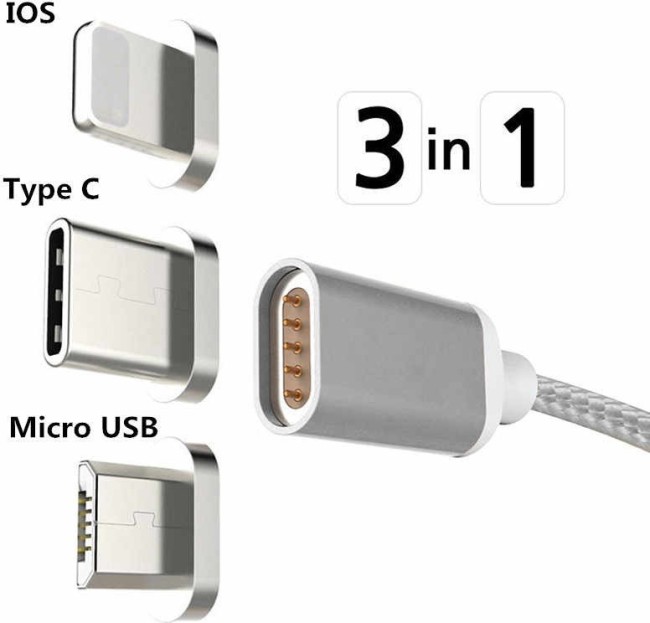 Кабель USB магнитный 3в1 Micro/iPhone5/6/Type C (1 м) ТКАНЬ