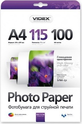 Бумага Videx 115 г/м гл., A4, 100л.