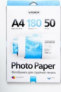 Бумага Videx 180 г/м гл., A4, 50л.
