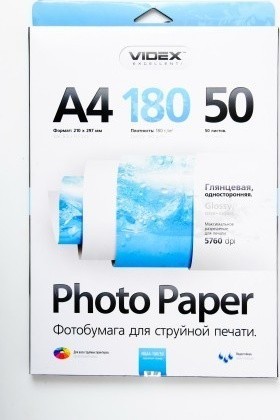 Бумага Videx 180 г/м гл., A4, 50л.