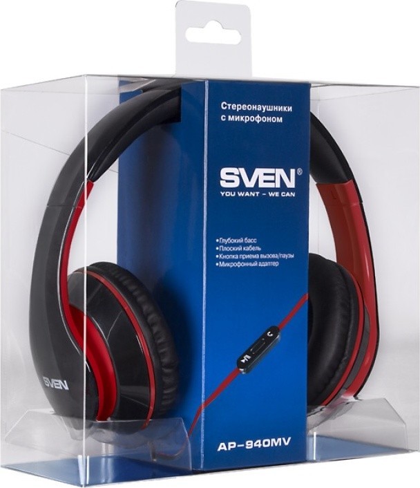 Навушники з мікрофоном SVEN AP-940MV чорно-червоні та регулятором гучності