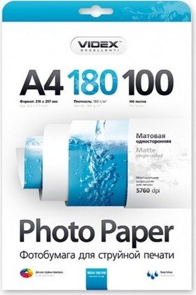 Бумага Videx 180 г/м мат., A4, 100л.